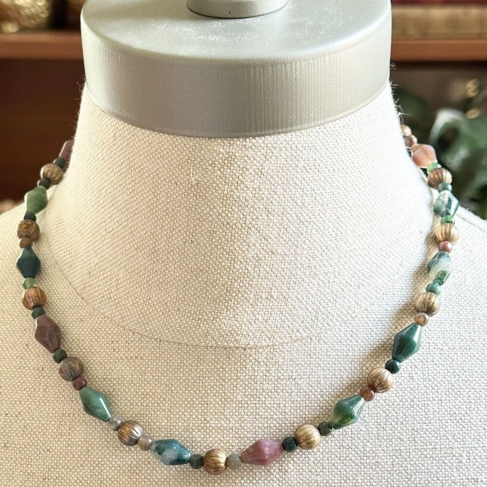 Vintage Tourmaline Bead Necklace, Multicolor Gemstone, Magnetic Clasp, 18.25"